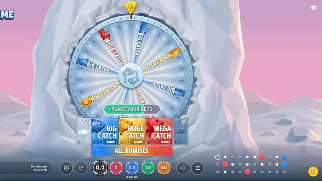 Pemandangan danau beku dengan roda keberuntungan bertema memancing di Fishing Time.