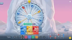 Pemandangan danau beku dengan roda keberuntungan bertema memancing di Fishing Time.