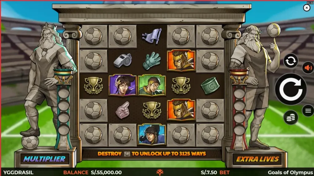 Tampilan visual slot Goals of Olympus BoltLock dengan tema stadion dan dewa Zeus