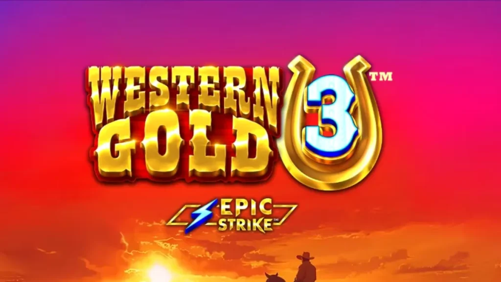 Pemandangan gurun Wild West dengan gulungan slot Western Gold 3 yang menampilkan simbol koboi dan emas.