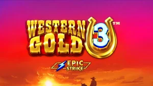 Pemandangan gurun Wild West dengan gulungan slot Western Gold 3 yang menampilkan simbol koboi dan emas.